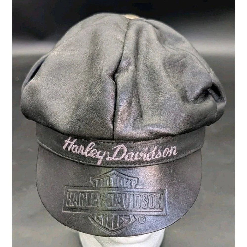 Vintage Harley Davidson fitted leather captain cap men’s black strap - RARE!